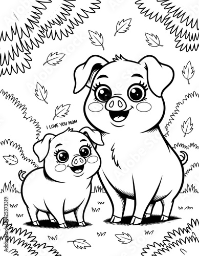 This black and white coloring page features two adorable piglets in a whimsical autumnal forest