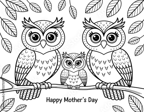 Adorable black and white coloring page featuring a mother and baby owl perched on a branch, surrounded by leaves