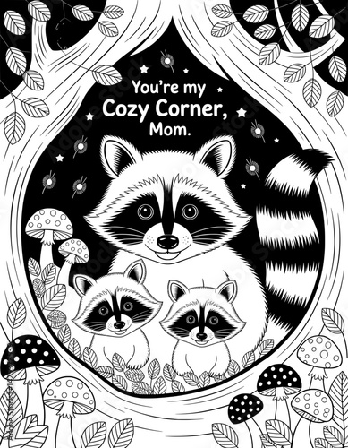 A heartwarming black and white coloring page featuring a raccoon family nestled in a tree hollow
