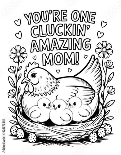 A heartwarming black and white coloring page featuring a hen and three chicks nestled in a nest