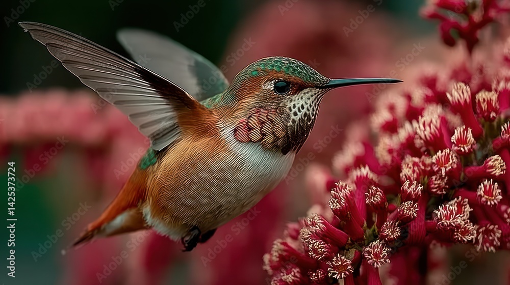 Naklejka premium Hummingbird in flight, near vibrant red flowers