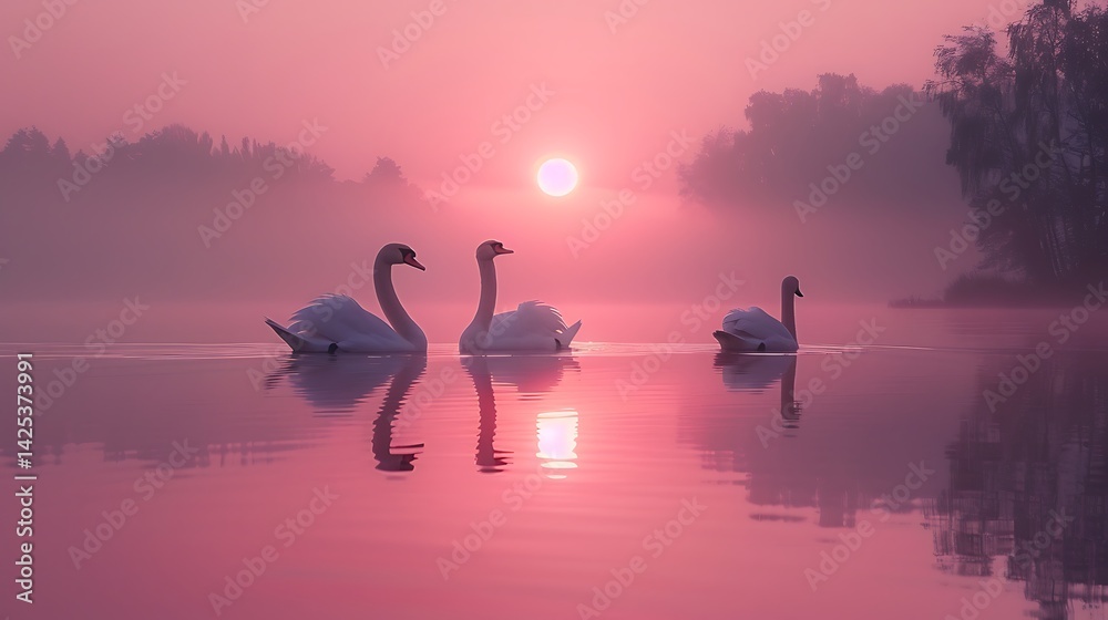 Fototapeta premium **Swans Swimming Across Still Lake At Sunrise, Reflection And Subtle Pastel Gradient --Ar 16:9 --S 973 --V 6.0 --Style Raw** - @Darya (Relaxed)