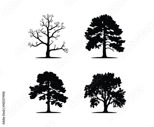 Cottonwood Tree Silhouette Vector Set Illustration