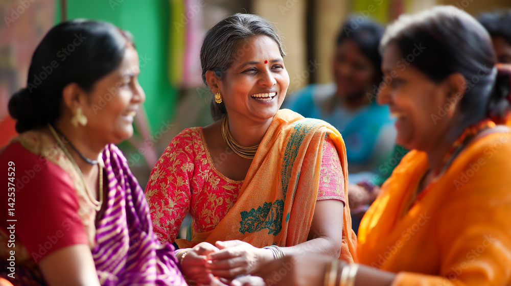 Fototapeta premium Indian women share laughter and stories in a vibrant gathering, showcasing joy and camaraderie in a lively setting