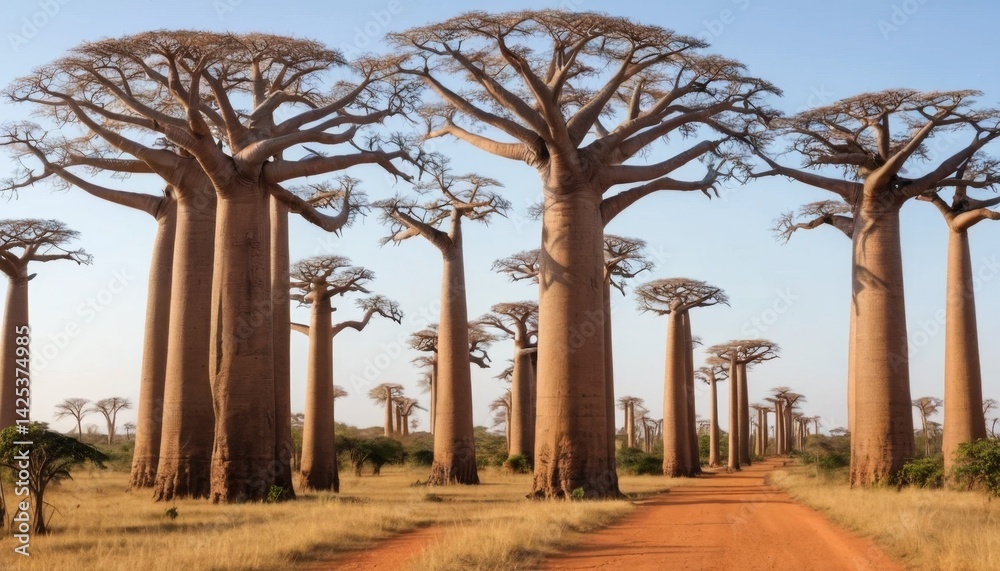 Obraz premium Majestic Baobab Trees Lining a Dusty Road in African Landscape Surrounded by Open Fields and Clear Blue Sky