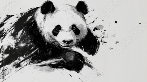 Panda illustrated in bold black and white ink, showcasing traditional Asian artistic style with dynamic brush strokes