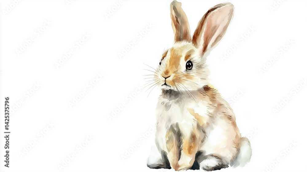 Obraz premium Cute watercolor bunny with soft fluffy fur in pastel tones resting gently on a white background