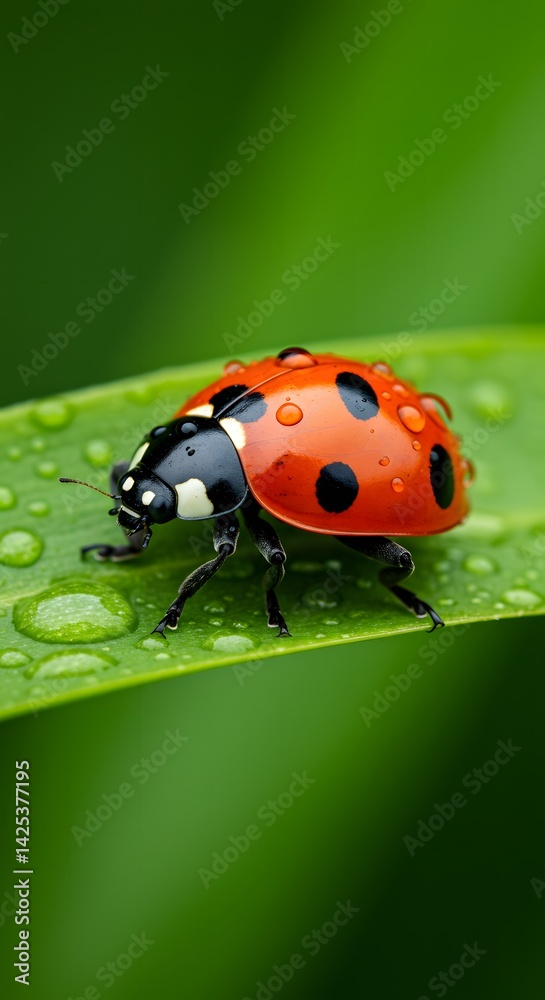 Fototapeta premium Ladybug on Leaf with Water Droplets in Close-Up Detail