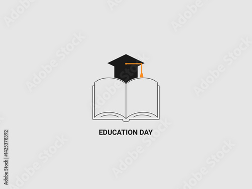 a black graduation cap with an orange tassel resting on an open book outlined in black