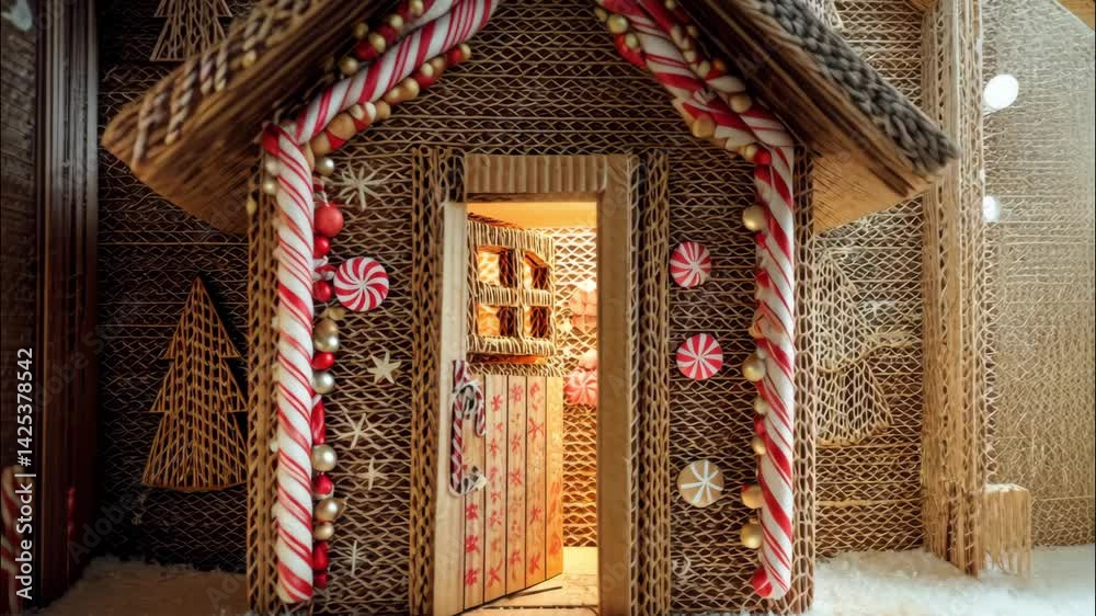 Gingerbread candy house with peppermint and chocolate decor. 