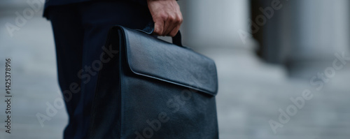 person holding sleek briefcase outside courthouse