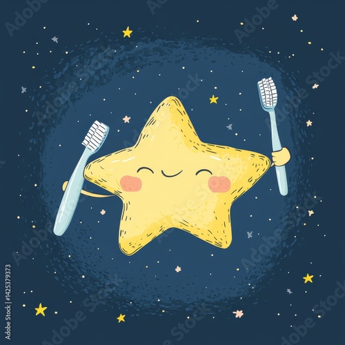 Little star holding toothbrushes in space