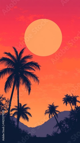 Sunset over tropical palms and mountains
