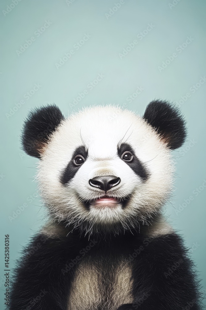 Fototapeta premium Cute panda bear posing on teal background