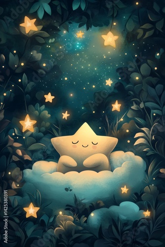Little star sleeping on cloud with night sky