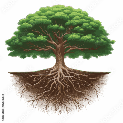 Realistic 3D Green Tree with Roots – Multiple Angles, Isolated Vector Illustration
