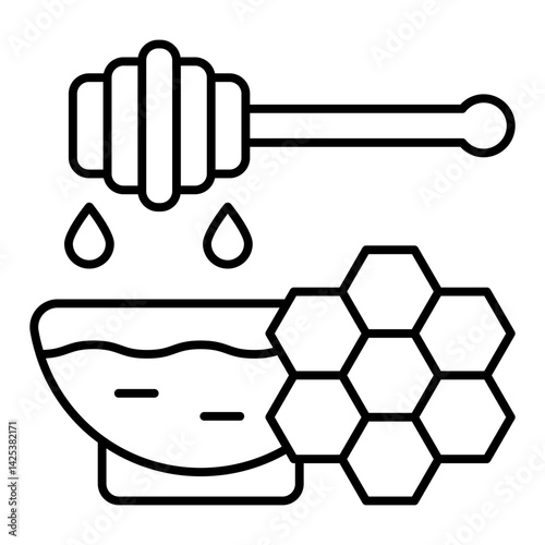 Bowl plate with honey and spoon thin line icon, natural sweets concept. Vector graphics. Sweet honey sign on white background, linear style for mobile or design.