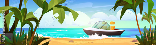 Speedboat floating on sea waves near summer beach. Vector cartoon illustration of modern motorboat on sandy coast with green palm trees, birds flying in blue sky, water transport for vacation travel