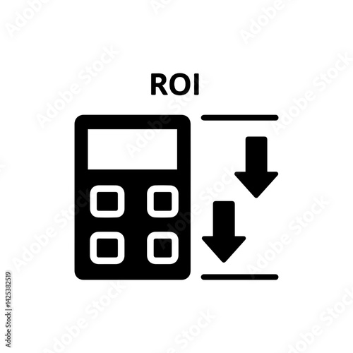 ROI calculator icon with growth and cost arrows representing financial analysis