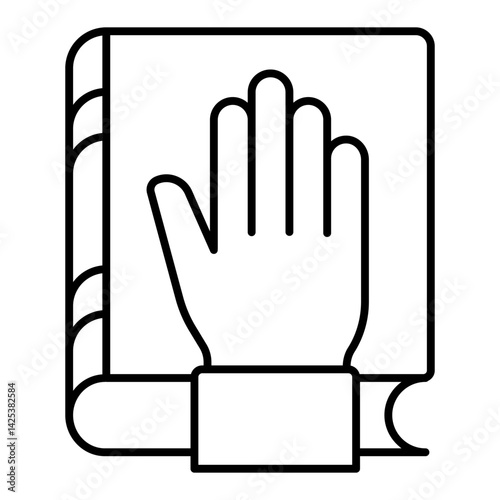 Oath hand on book thin line icon, jurisprudence concept. Vector graphics. Bible book with hand, religion sign on white background, linear style for mobile or design.