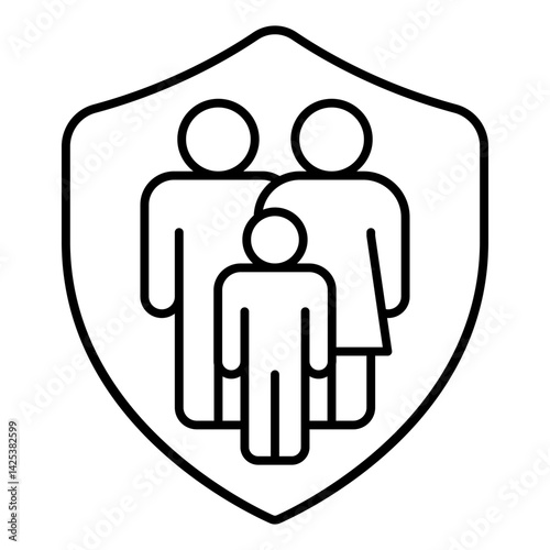 Family on safety emblem thin line icon, family lawyer concept. Vector graphics. Parents with child on shield, protection sign on white background, linear style for mobile or design.