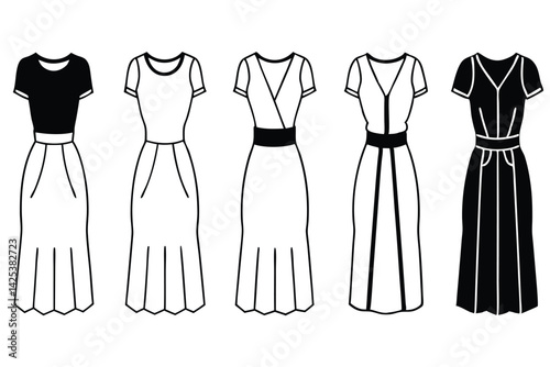 midi dress line art minimal style woman outline