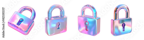 Set of pastel lock security icons. isolated on transparent background