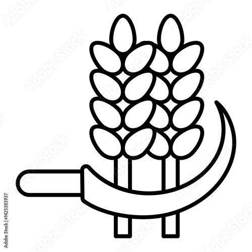 Sickle cuts ears of wheat thin line icon, wheat production concept. Vector graphics. Wheat plant with sickle, tool sign on white background, linear style for mobile or design.