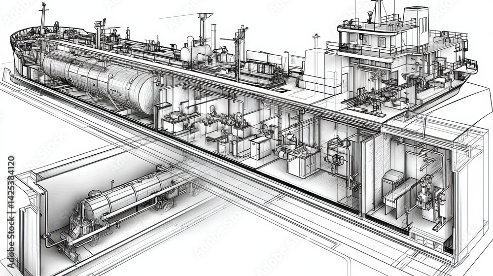 Naklejka premium Cross-section View of Oil Tanker Compartments Showcasing Complex Industrial Design and Engineering Details in 3D Rendering Format