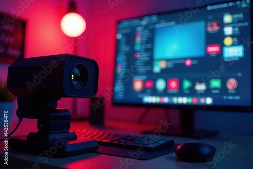 Dark silhouette of webcam on bright background, form, isolated, streaming
