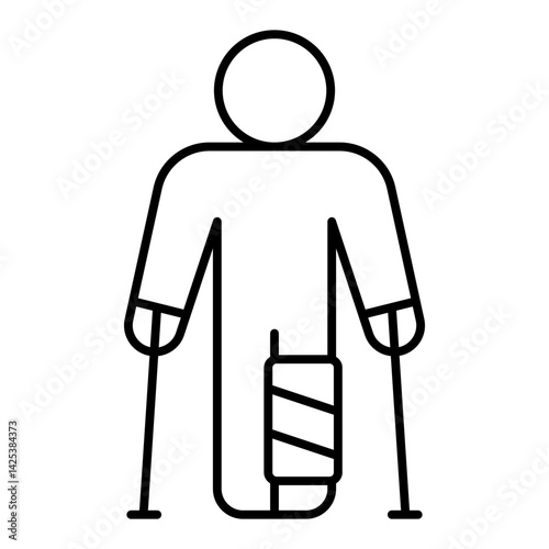 Man with leg injury bandage thin line icon, human rescue concept. Vector graphics. Human with crutches sign on white background, linear style for mobile or design.