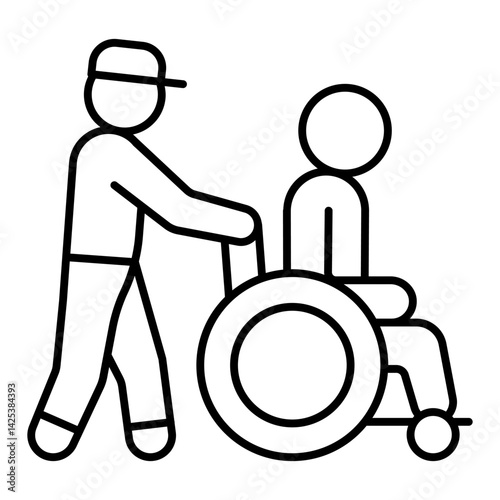 Rescuer help man in wheelchair thin line icon, human rescue concept. Vector graphics. Human with disabled person sign on white background, linear style for mobile or design.