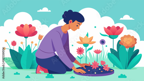 A person carefully tending to a bed of vibrant blooming flowers in a Zen garden appreciating the beauty in every detail..