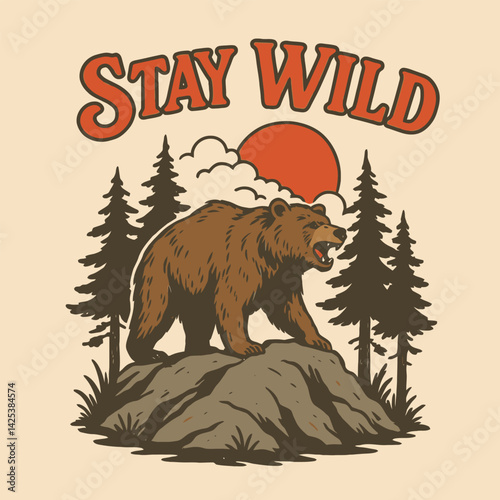 Illustration of Bear Standing on Rock Formation with Pine Trees