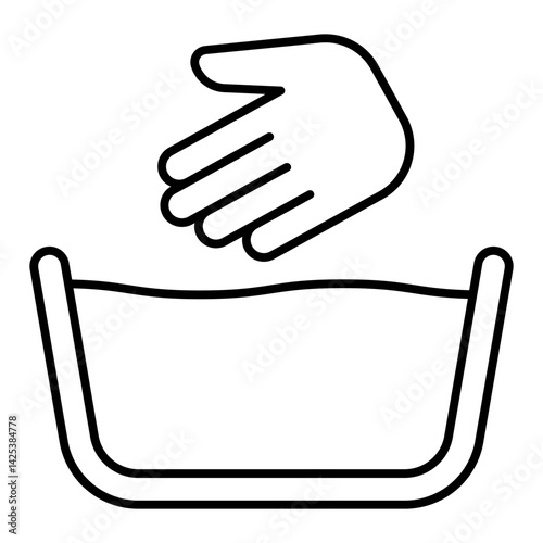 Hand with water basin thin line icon, laundry service concept. Vector graphics. Manual washing sign on white background, linear style for mobile or design.