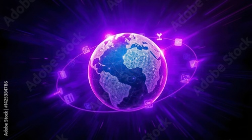 Global Connectivity Earth Globe with Network Icons in Space