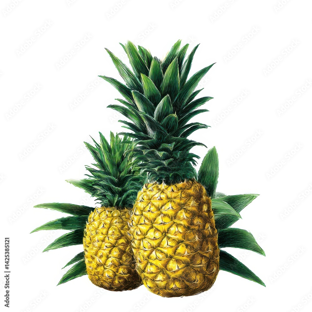 Obraz premium Two pineapples with leaves still on white background