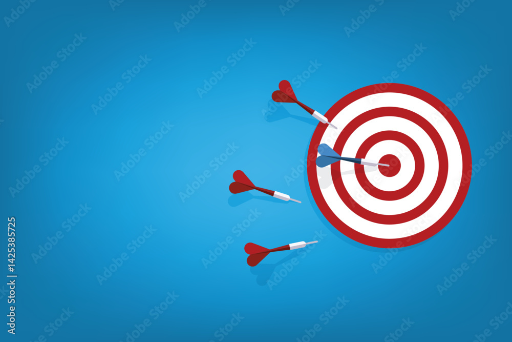 Business challenge failure and success concept. Red darts missed hitting target and only blue one hits the center.