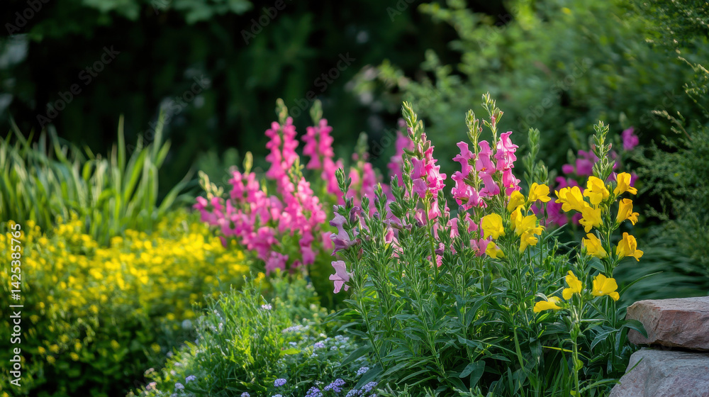Obraz premium Vibrant garden scene featuring colorful snapdragons and lush greenery in bloom