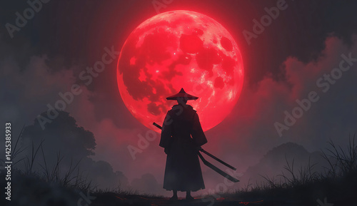 Lone Anime Samurai Silhouette Under Blood Moon – Dark Fantasy Samurai, Haunting Red Glow, Misty Battle Atmosphere Widescreen Desktop Wallpaper