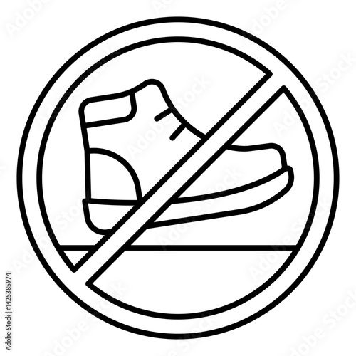 Boot on floor ban thin line icon, prohibited elements concept. Vector graphics. Human footwear, shoe footprint forbidden sign on white background, linear style for mobile or design.
