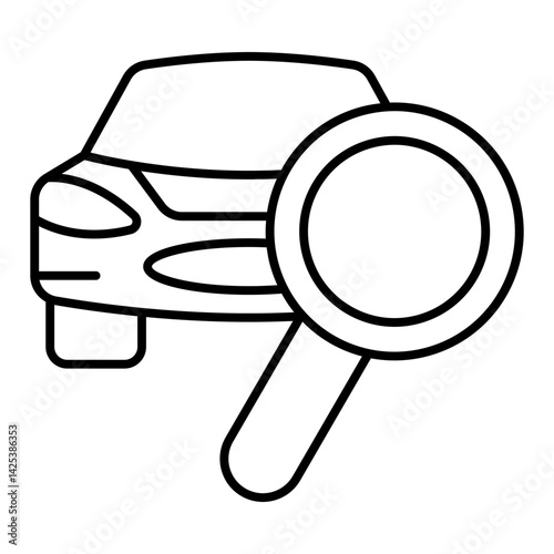 Car with magnifier thin line icon, car service concept. Vector graphics. Automobile and magnifying glass, inspecting sign on white background, linear style for mobile or design.