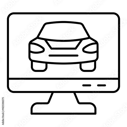 Monitor screen with passenger car thin line icon, car service concept. Vector graphics. Automobile inspection display sign on white background, style mobile or design.