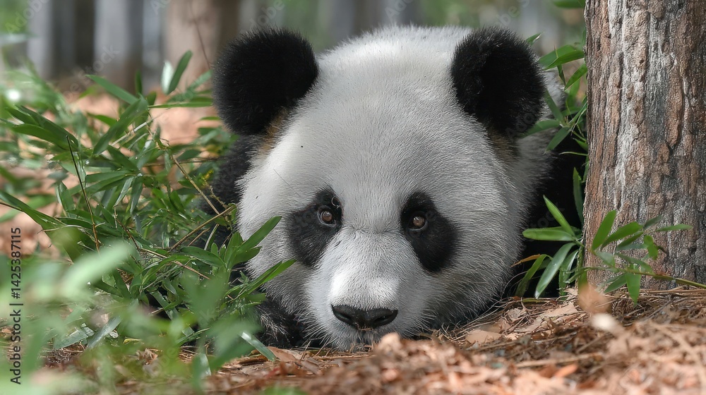 Fototapeta premium Panda cub nestled in bamboo