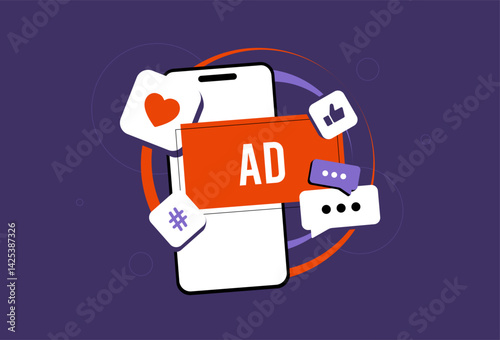 Engagement marketing strategy with social media ads and customer interactions. Create effective social media marketing content for brand reach and audience growth. Vector illustration and icons