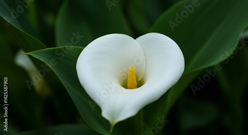 White calla lily with yellow spadix blooming in lush green foliage