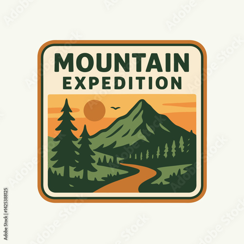 Illustrated Mountain Expedition Landscape with Pine Trees and Sunset