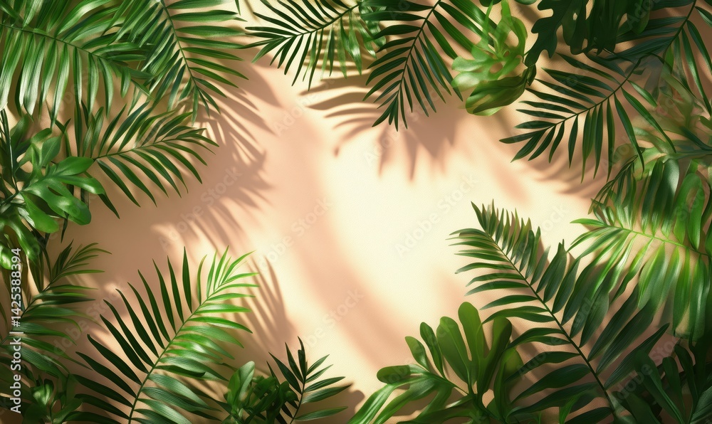 Tropical green leaves framing soft peach background for nature-themed designs Tropical green leaves framing soft peach background for nature-themed designs