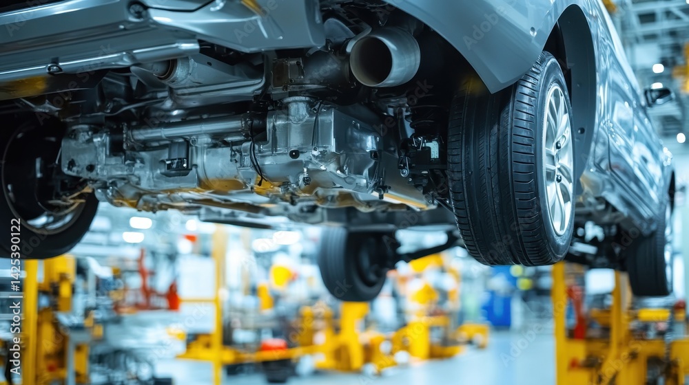 Fototapeta premium Car Underbody Inspection in Automotive Workshop with Machinery and Tools in Background