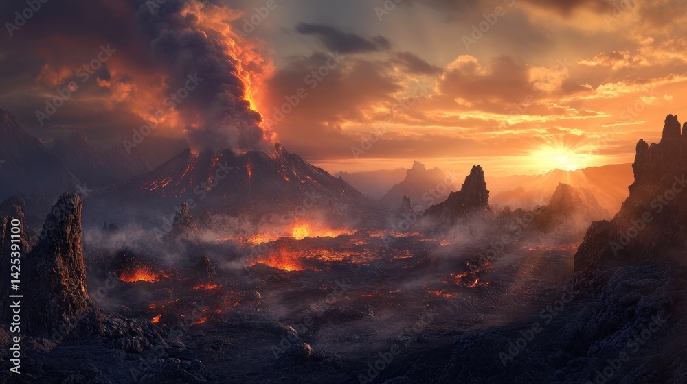 Fototapeta premium Volcanic eruption at sunset over a fiery landscape.